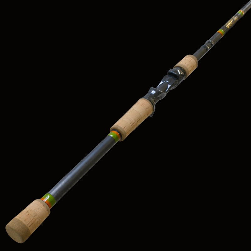 Coosa Swamp Donkey Fishing rod with cork handles on a black background