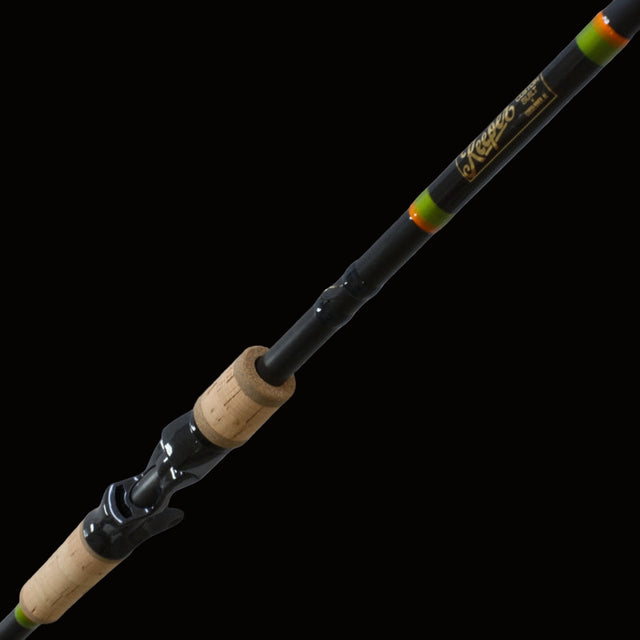 Coosa Swamp Donkey Fishing rod with cork handles on a black background