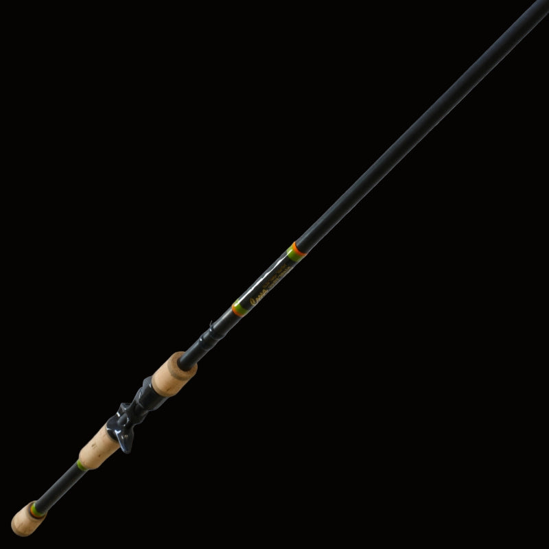 Fishing rod with black and wooden handle on a light gray background
