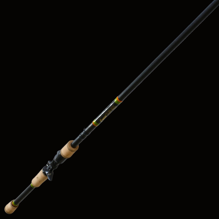 Fishing rod with black and wooden handle on a light gray background