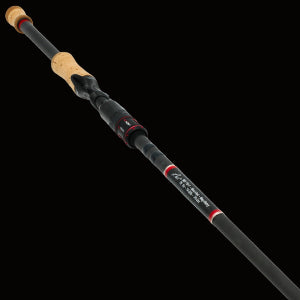 The Keeper Rods-Doozie Doozie 7'0" Medium Heavy-Fast Versatile All-Around Bass Rod, featuring a black finish with red accents, cork handle, and black reel seat, is displayed diagonally on a white background.