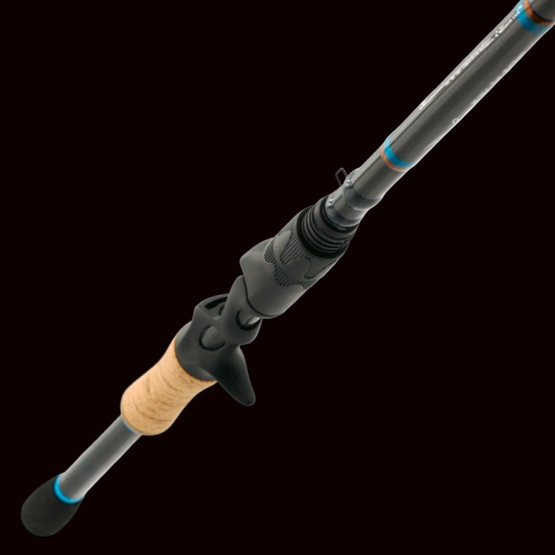 Fishing rod with a black and gray handle on a white background