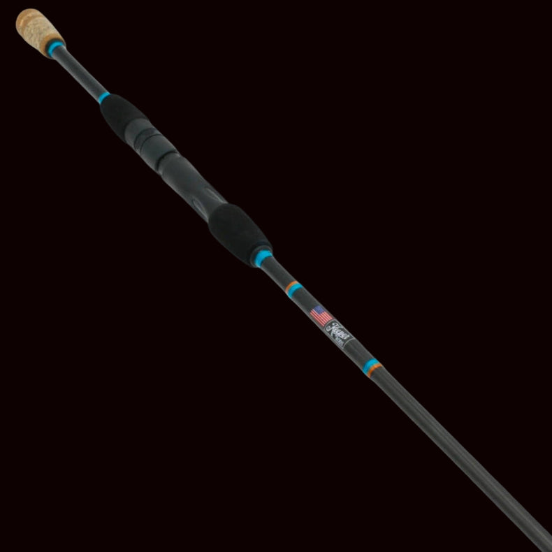 The Keeper Rods-Rouser Rouser 7'0" Medium Fast Spin Do-It-All Spinning Rod, shown diagonally on a black background with blue accents and cork handle, is perfect for Alabama anglers who want style and performance.