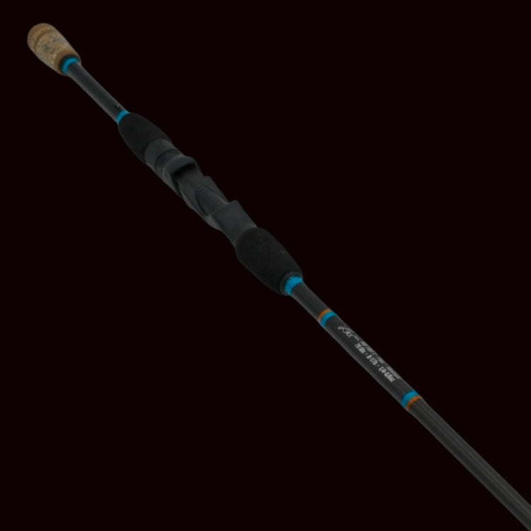The Keeper Rods-Rouser Rouser 7'0" Medium Fast Spin Your Do-It-All Spinning Rod features a black design with a cork handle and blue accent rings—ideal for Alabama anglers seeking versatility.