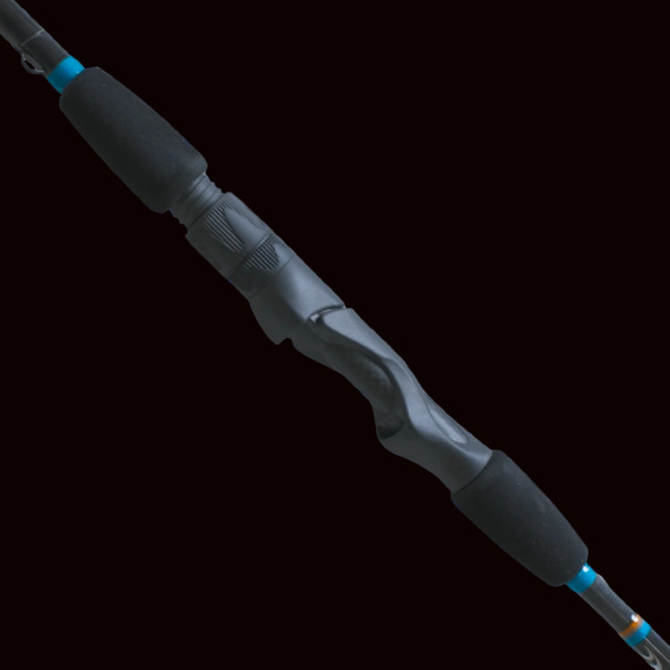 Close-up of the Keeper Rods-Rouser Rouser 7'0" Medium Fast Spin Your Do-It-All Spinning Rod handle, featuring foam grips and a textured reel seat, set against black with white accents—ideal versatility for Alabama anglers.