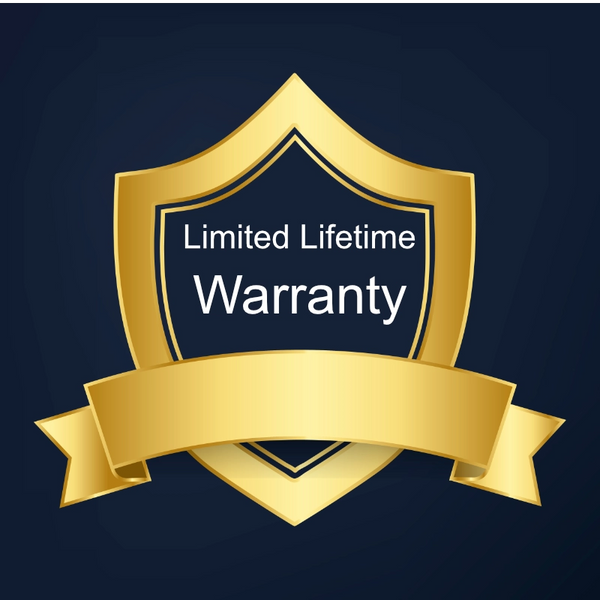Gold shield with 'Limited Lifetime Warranty' text on a dark blue background