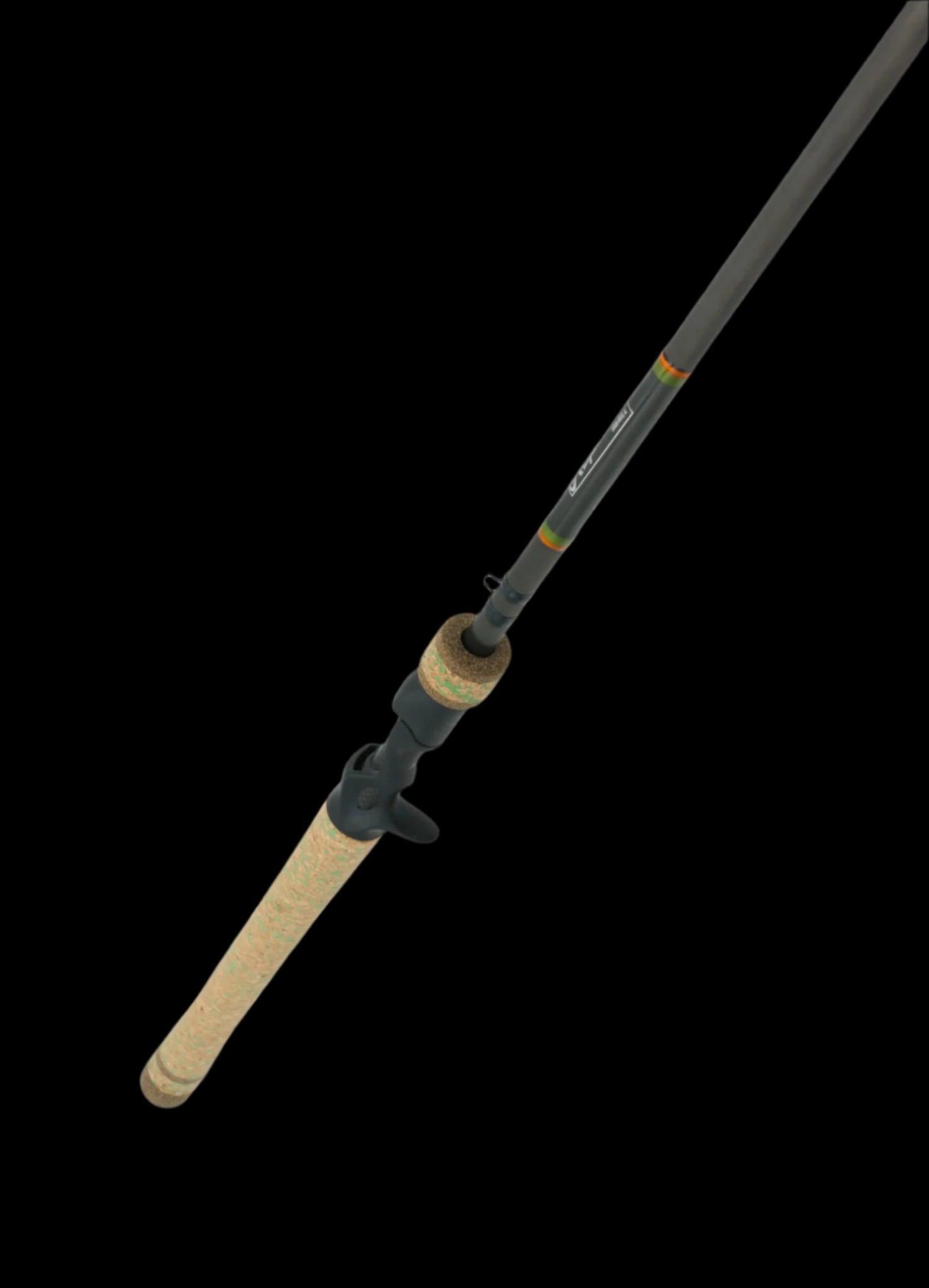 The Coosa 76 Flippin Rod Heavy Cover by Keeper Rods-Coosa features a cork handle with a black shaft against a dark background. It includes a carbon fiber blank for strength, ergonomic grip, and reel seat for comfort while reeling in large catches. Plus, it comes with a lifetime warranty.