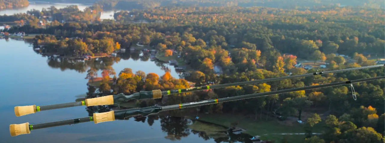 Keeper Coosa Series landing page, two rods suspended over aan areial shot of the coosa river