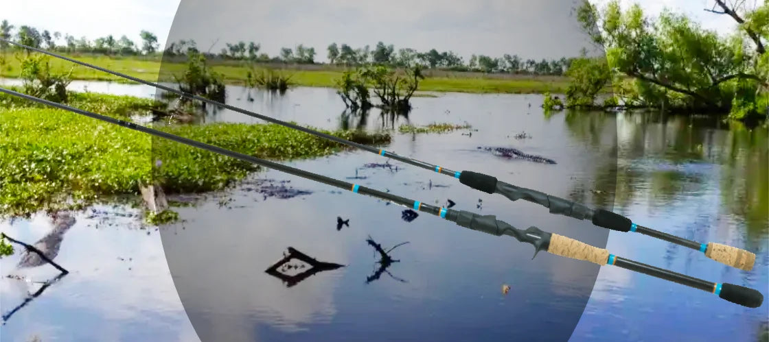 Two fishing rods with cork handles are placed in front of a scenic wetland landscape with calm water, greenery, and trees in the background.