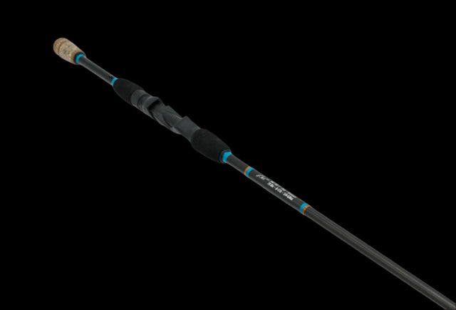 A sleek fishing rod with a black handle featuring blue accents and a cork grip is set against a plain black background.