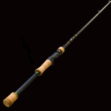Fishing rod with wooden handle on a white background