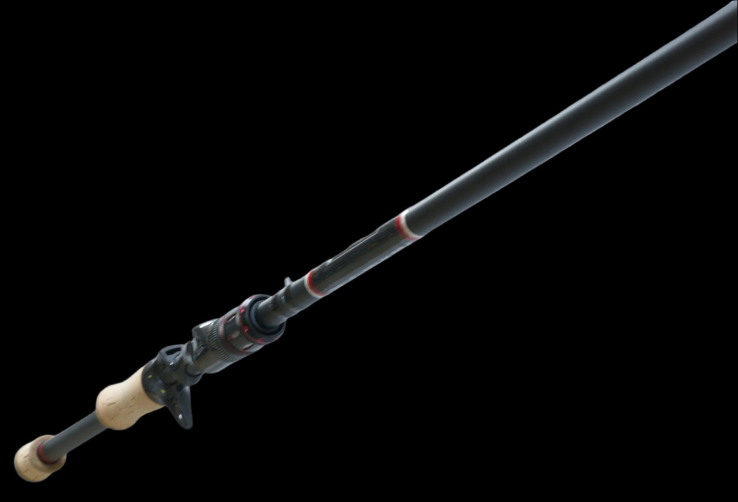 The Doozie Series 72 MH X-Ray Precision Power Heavy Cover Rod by Keeper Rods-Doozie is a black fishing rod with red accents and a cork handle, highlighted against a black background. Its sleek design features multiple eyelets, making it perfect for bass fishing enthusiasts.