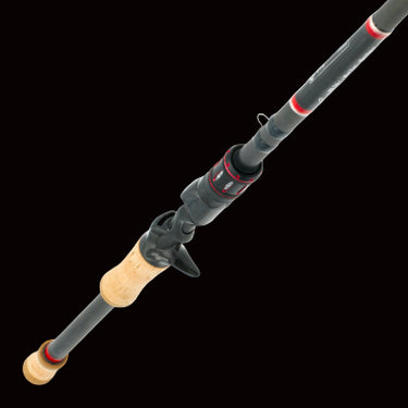 Fishing rod with a black and red handle on a white background