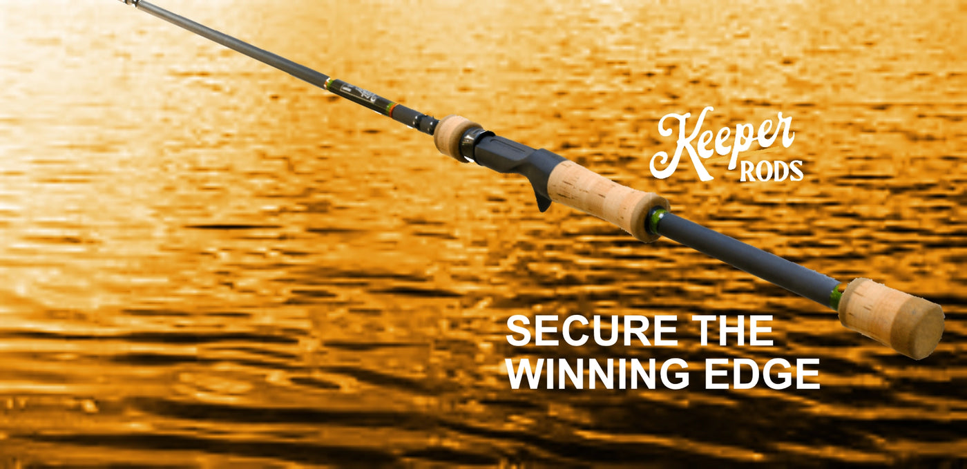 Fishing rod with Keeper Rods branding on a water background