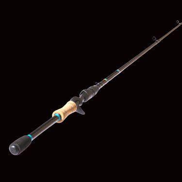 Fishing rod with black and brown handle on a white background