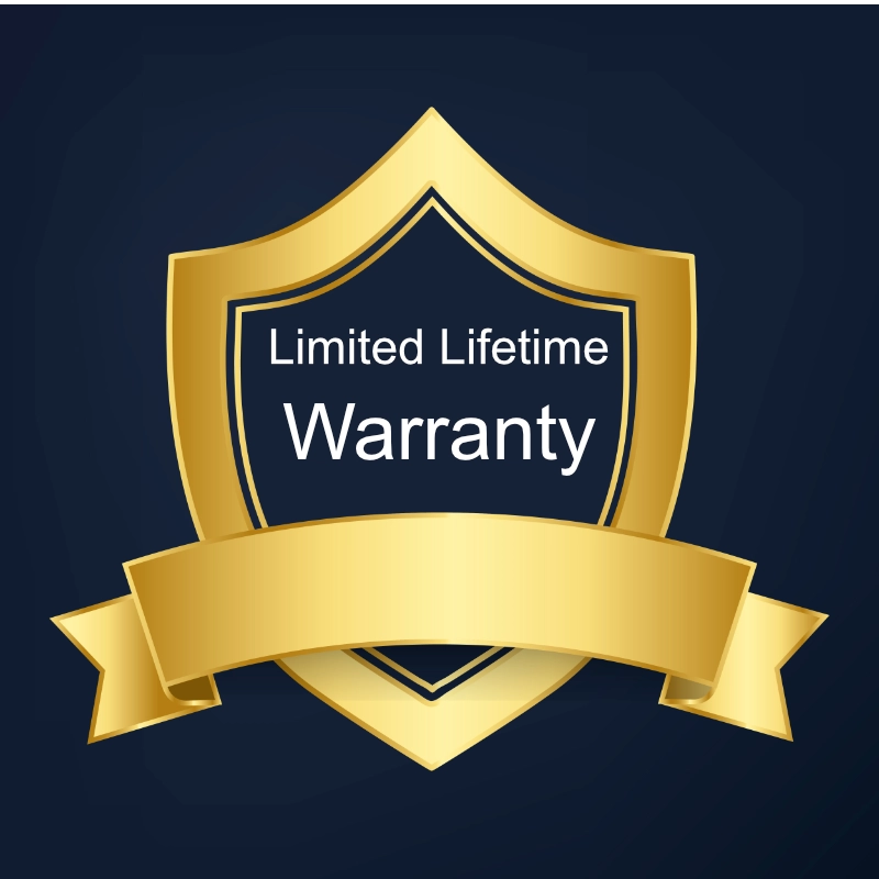 Gold shield with 'Limited Lifetime Warranty' text on a dark blue background