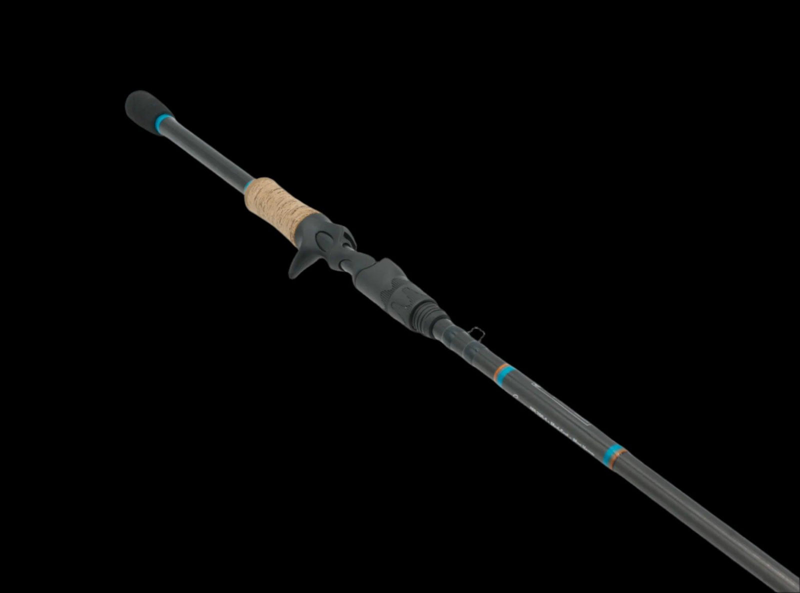 A Keeper Rods-Rouser 71 M Fast Casting Balanced Power & Sensitivity rod, featuring a cork handle and blue accents, is set diagonally against a black background.