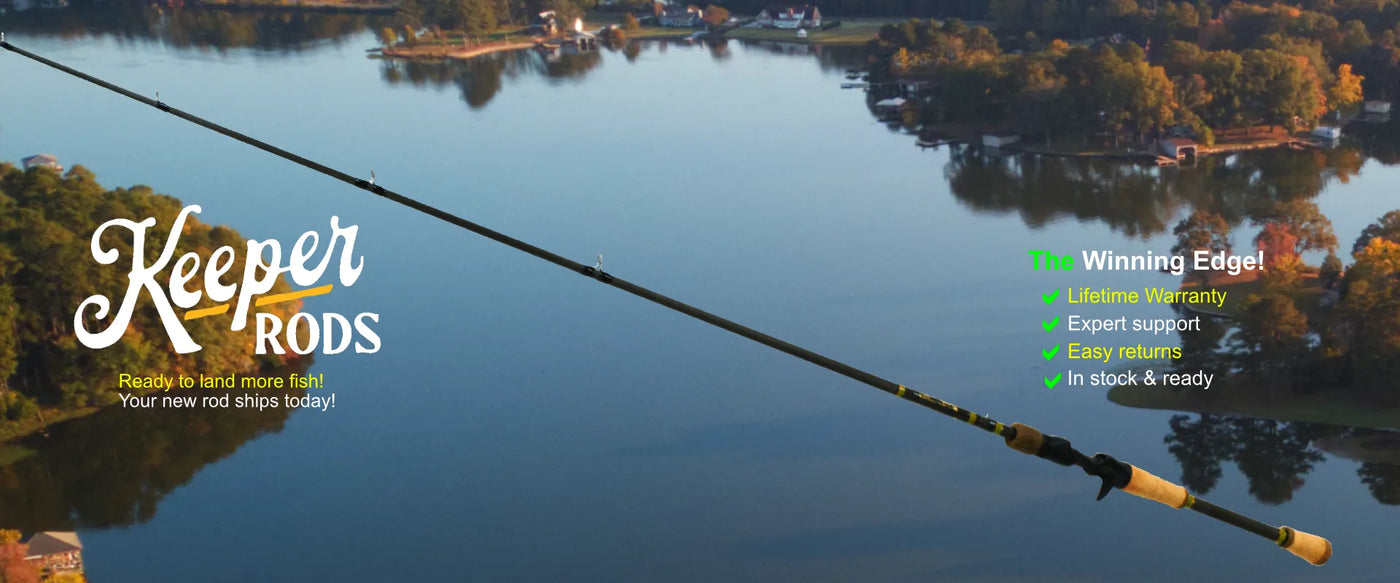Fishing rod with Keeper Rods branding over a scenic lake background